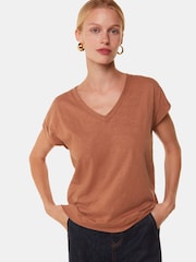 Whistles Willa V-Neck Cap Sleeve Brown T-Shirt - Image 1 of 5