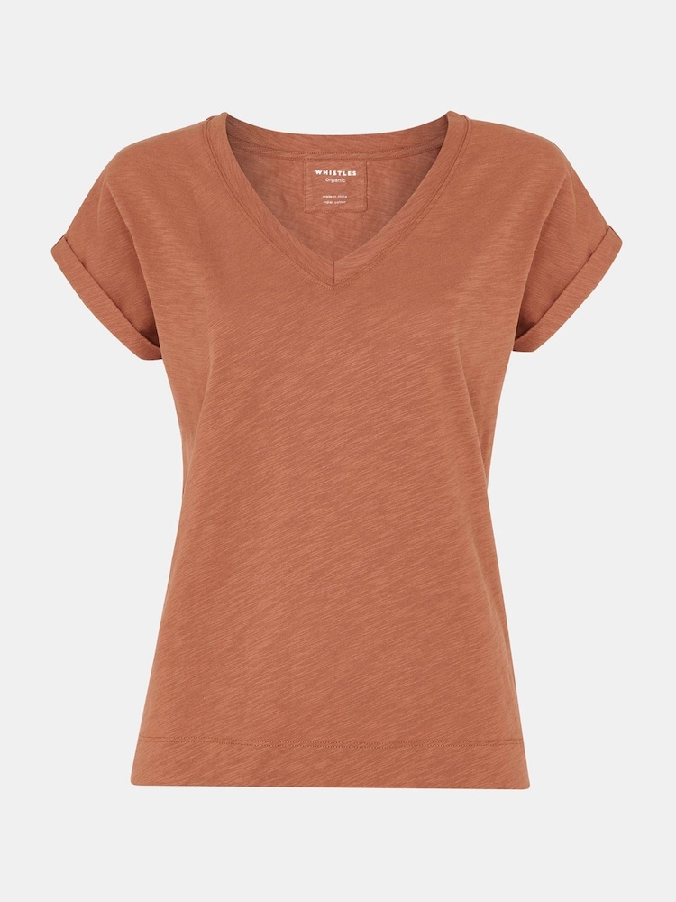 Whistles Willa V-Neck Cap Sleeve Brown T-Shirt - Image 5 of 5