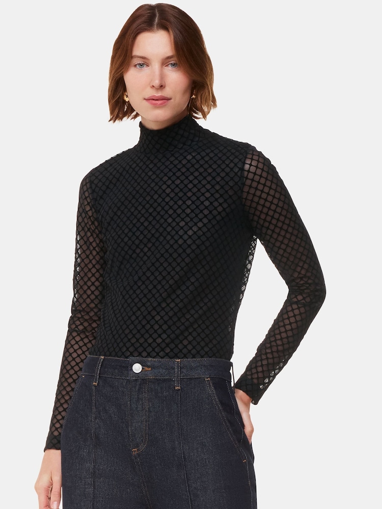 Whistles Black Checked Flocked Mesh Top - Image 1 of 5