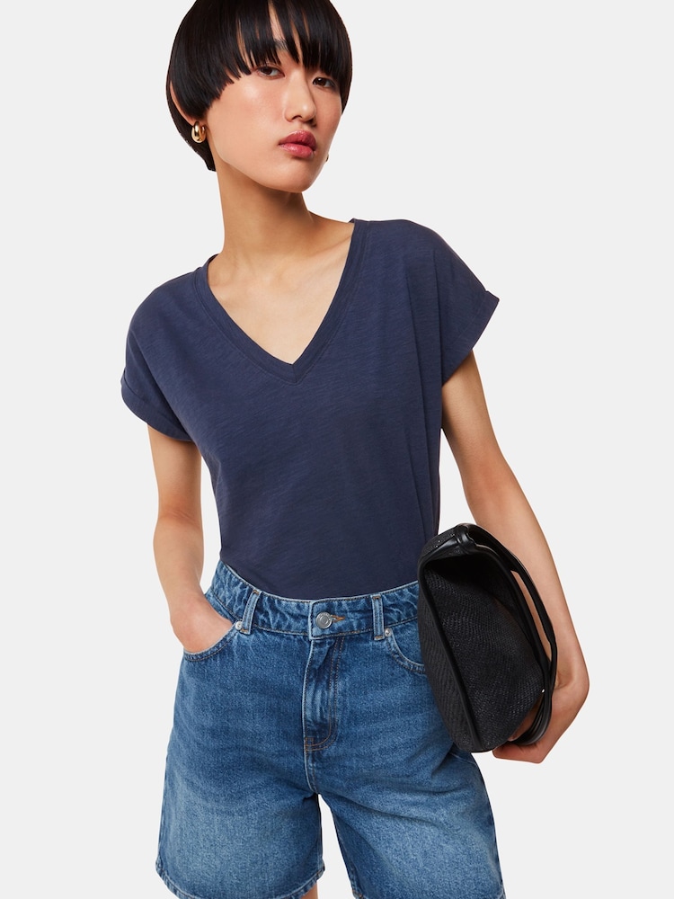 Whistles Blue Willa V-Neck Cap Sleeve T-Shirt - Image 1 of 5