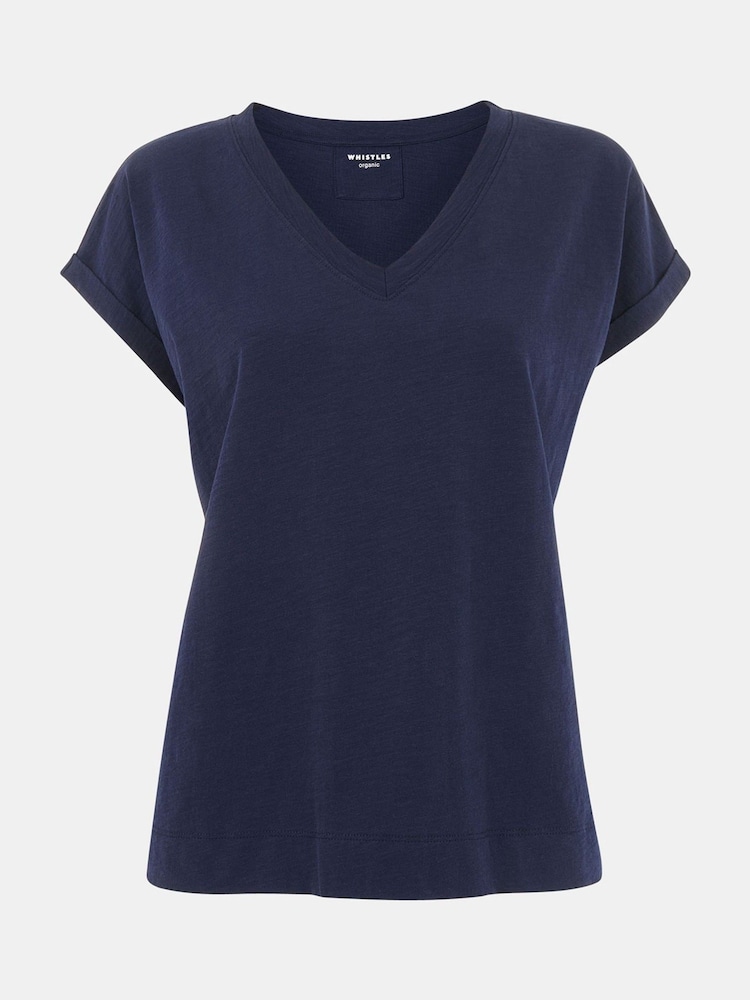 Whistles Blue Willa V-Neck Cap Sleeve T-Shirt - Image 5 of 5