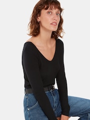 Whistles Black Essential Ribbed V-Neck T-Shirt - Image 1 of 5