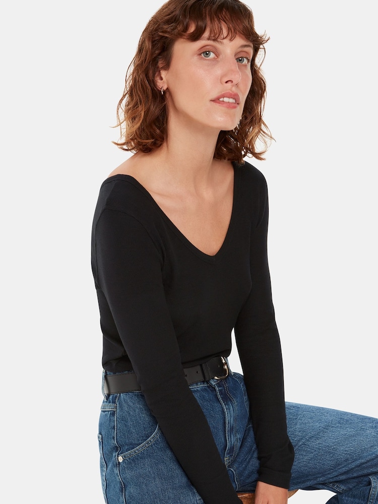 Whistles Black Essential Ribbed V-Neck T-Shirt - Image 1 of 5