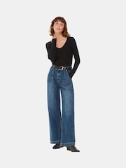 Whistles Black Essential Ribbed V-Neck T-Shirt - Image 2 of 5