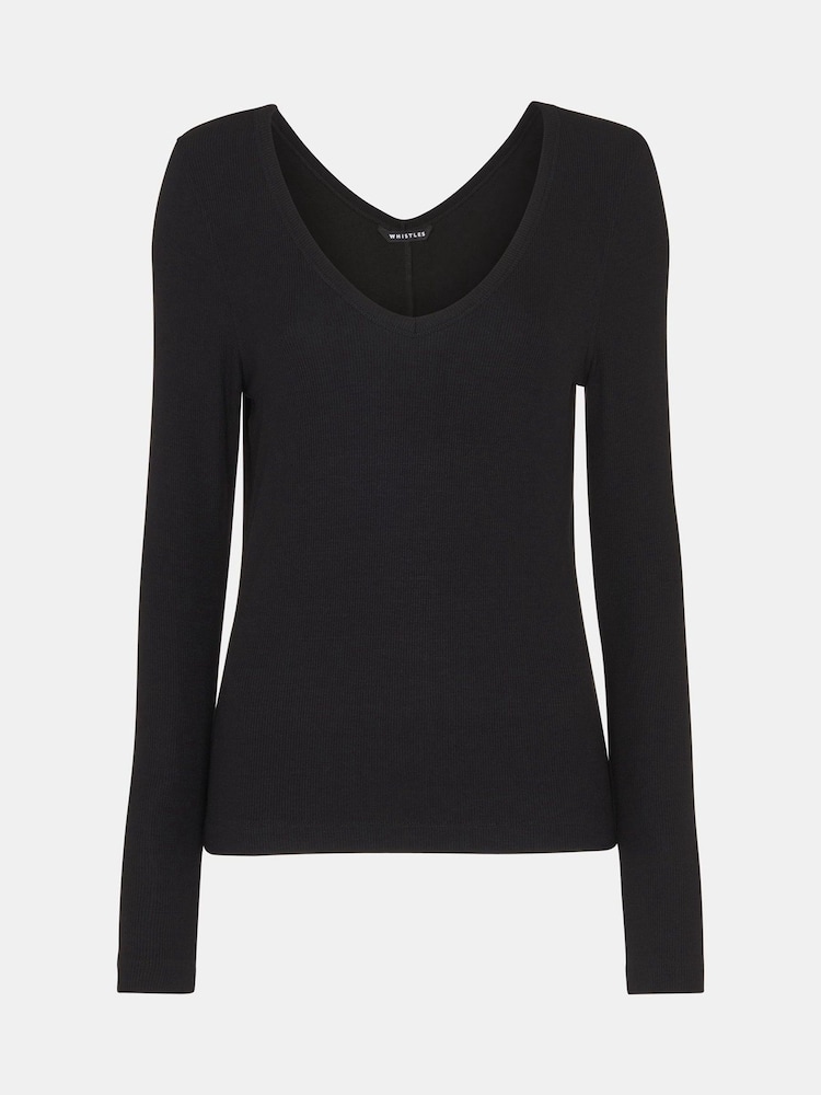 Whistles Black Essential Ribbed V-Neck T-Shirt - Image 5 of 5