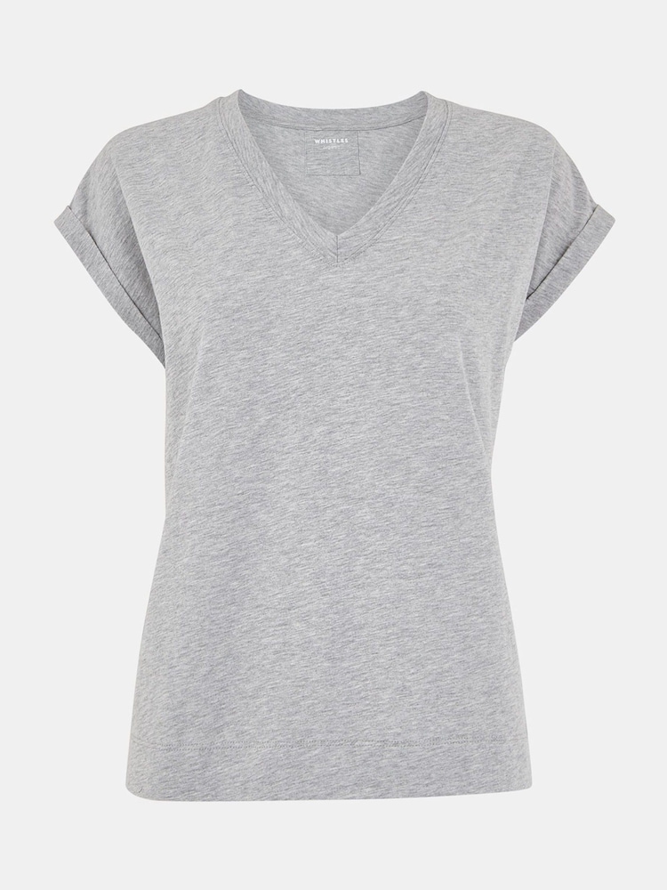 Whistles Grey Willa V-Neck Cap Sleeve T-Shirt - Image 5 of 5