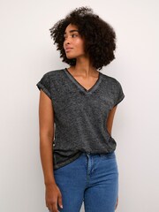 Kaffe Lisa V-Neck Cap Sleeve Pocket Black T-Shirt - Image 1 of 6
