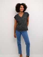 Kaffe Lisa V-Neck Cap Sleeve Pocket Black T-Shirt - Image 3 of 6