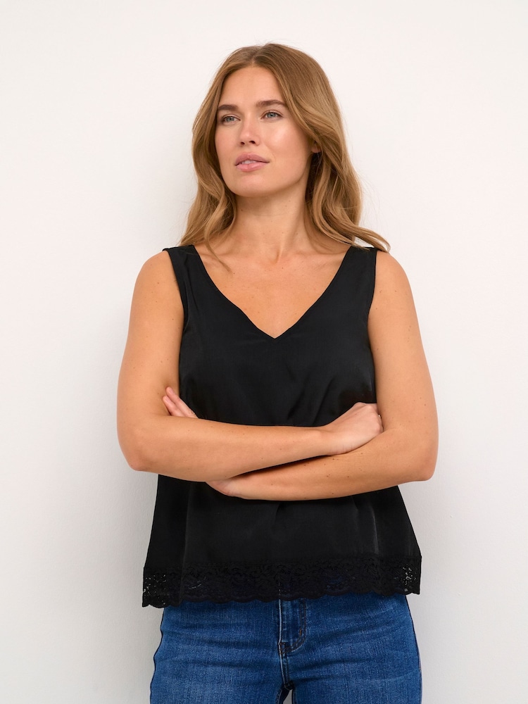 Kaffe Kaalma V-Neck Lace Edge Sleeveless Black Top - Image 1 of 6