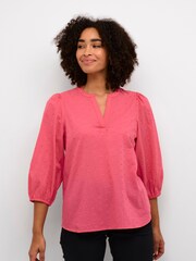 Kaffe Kajollia Notch Neck 3/4 Sleeve 100% Cotton Blouse - Image 1 of 6