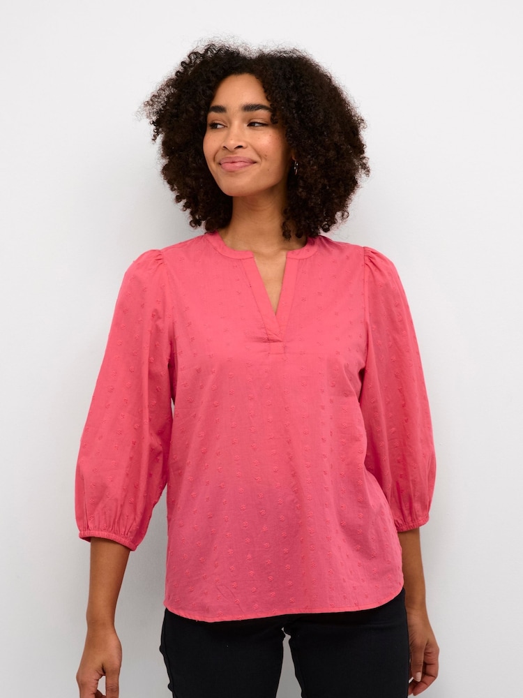 Kaffe Kajollia Notch Neck 3/4 Sleeve 100% Cotton Blouse - Image 1 of 6