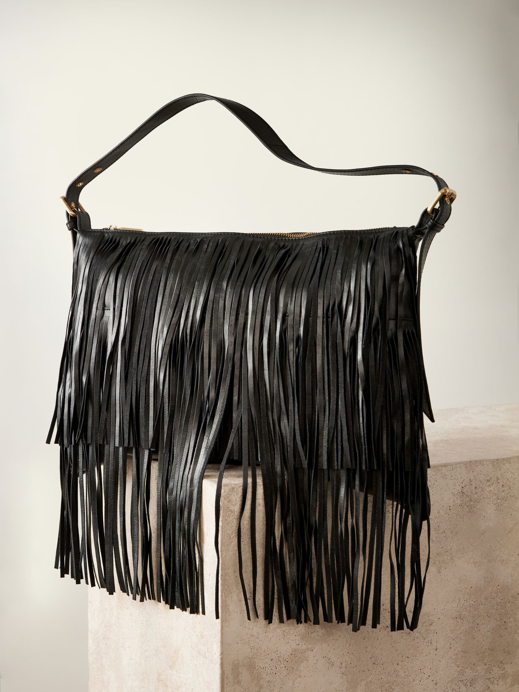 Black Leather Fringe Boho Shoulder Bag