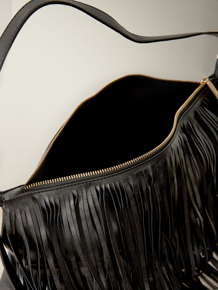 Zwart - Leren boho schoudertas met franjes - Image 3 of 7