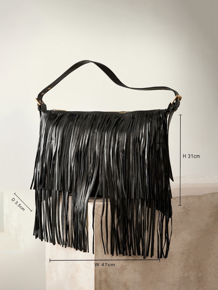 Zwart - Leren boho schoudertas met franjes - Image 4 of 7