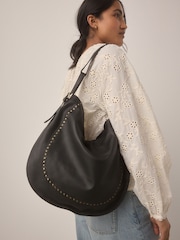 Black Leather Stud Shoulder Boho Bag - Image 1 of 12