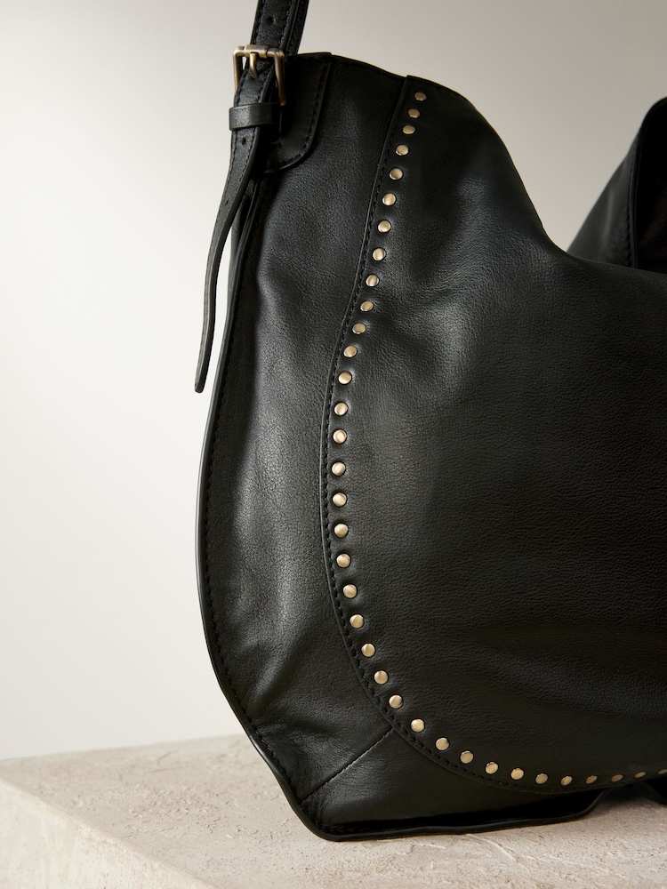 Black Leather Stud Shoulder Boho Bag - Image 12 of 12