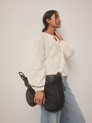 Black Leather Stud Shoulder Boho Bag - Image 2 of 12
