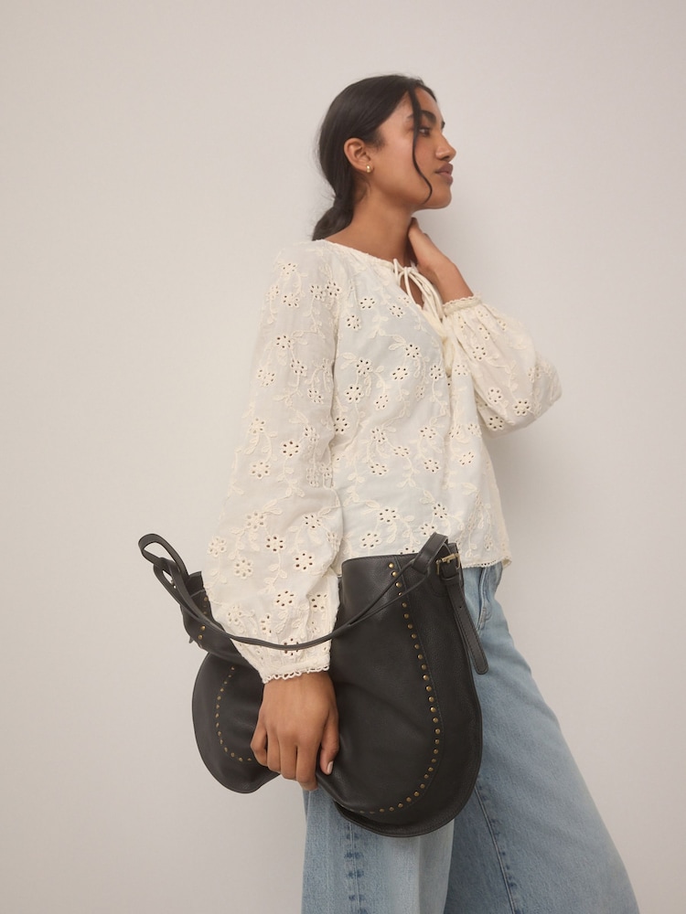 Black Leather Stud Shoulder Boho Bag - Image 2 of 12