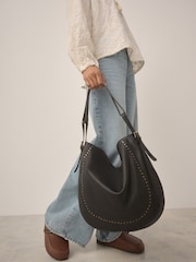 Black Leather Stud Shoulder Boho Bag - Image 3 of 12
