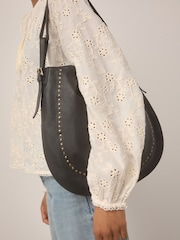 Black Leather Stud Shoulder Boho Bag - Image 5 of 12