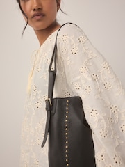 Black Leather Stud Shoulder Boho Bag - Image 6 of 12