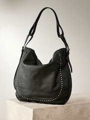 Black Leather Stud Shoulder Boho Bag - Image 7 of 12