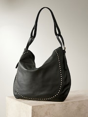 Black Leather Stud Shoulder Boho Bag - Image 8 of 12