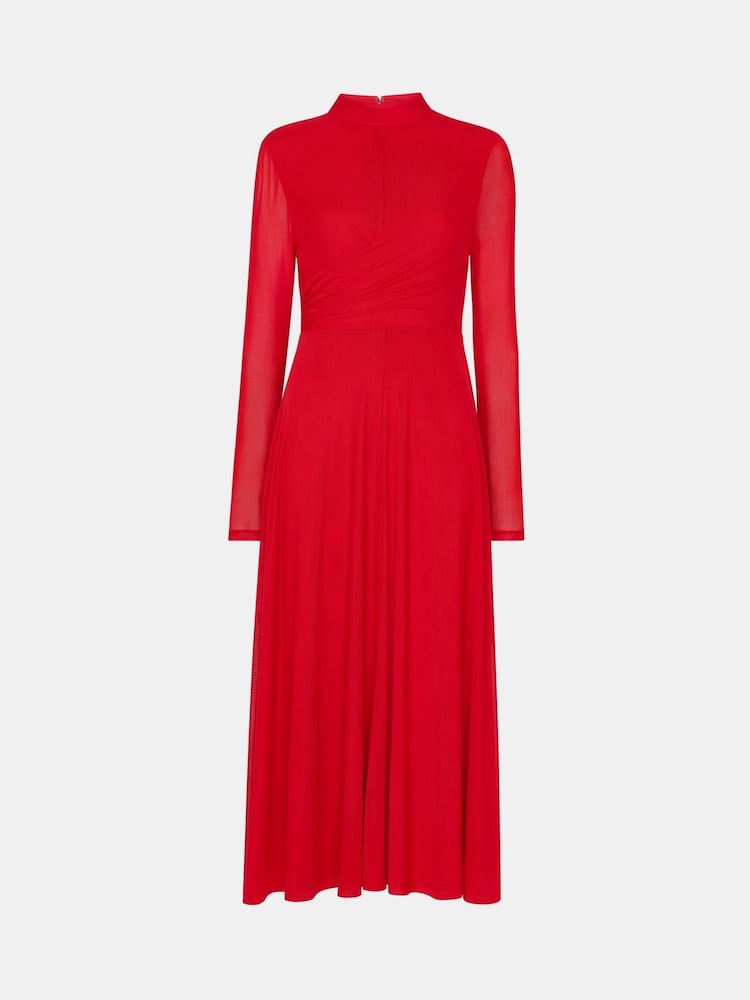 Whistles Red Arabella Ruched Mesh Dress - Image 2 of 6