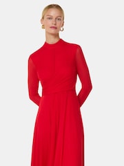Whistles Red Arabella Ruched Mesh Dress - Image 3 of 6