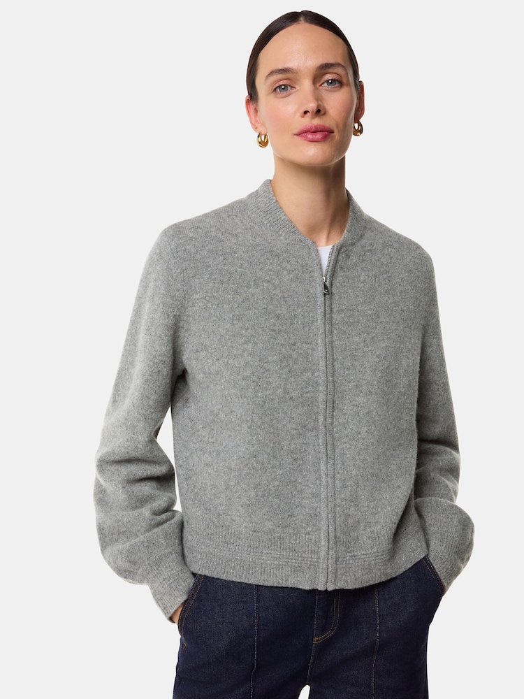 Whistles Grey Zip Front Bomber Knit Jumper - Image 1 of 5