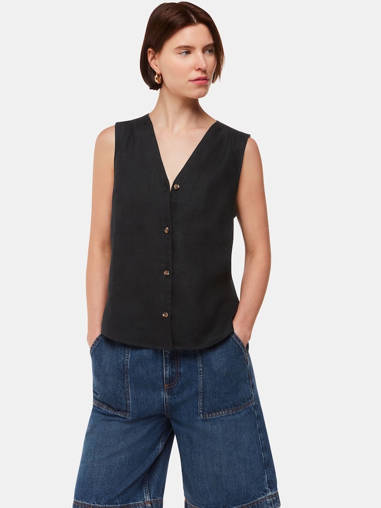 Whistles Black Laura 100% Linen Tank - Image 1 of 5
