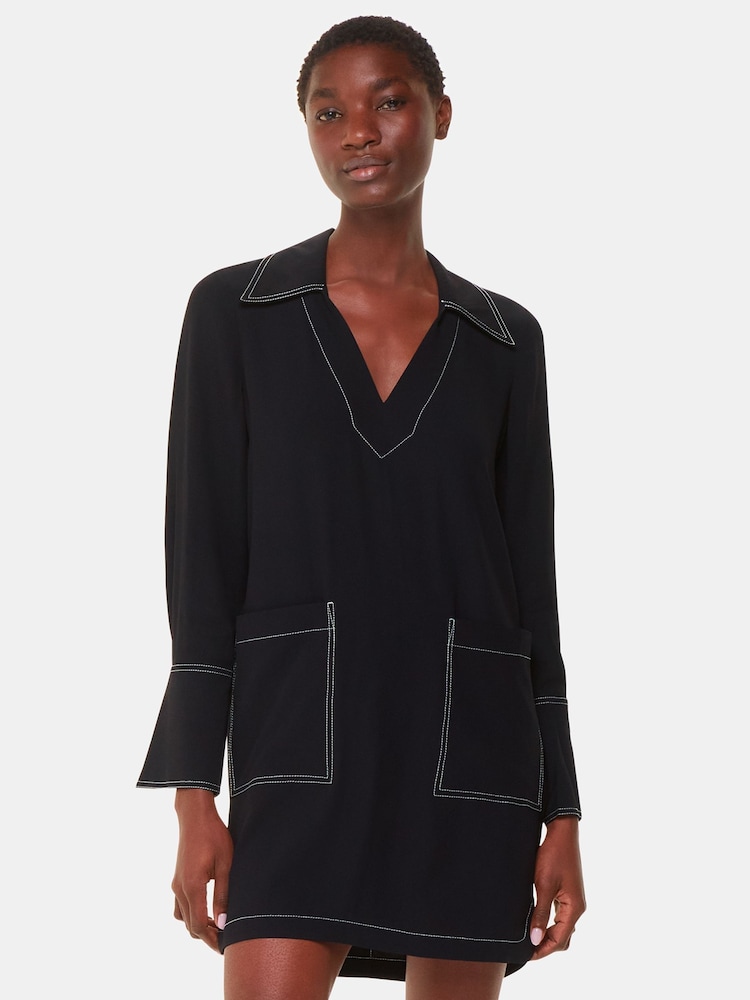 Whistles Topstitch Detail Shirt Black Dress - Image 2 of 5