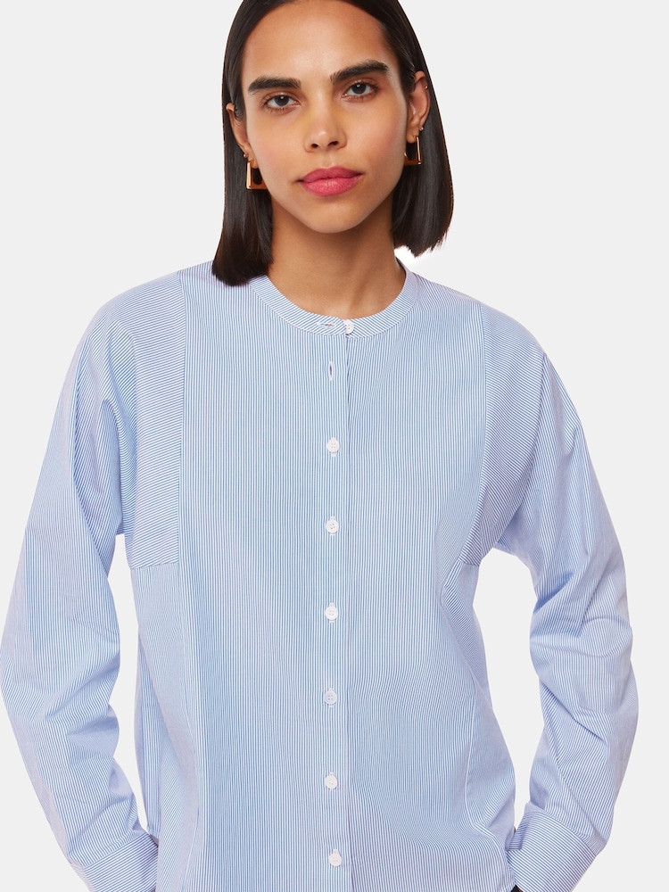 Whistles Blue Stripe Grandad 100% Cotton Collar Shirt - Image 1 of 5