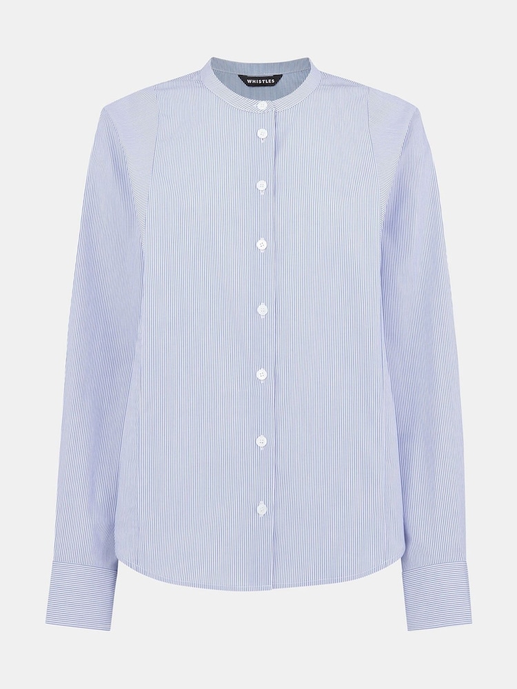 Whistles Blue Stripe Grandad 100% Cotton Collar Shirt - Image 5 of 5