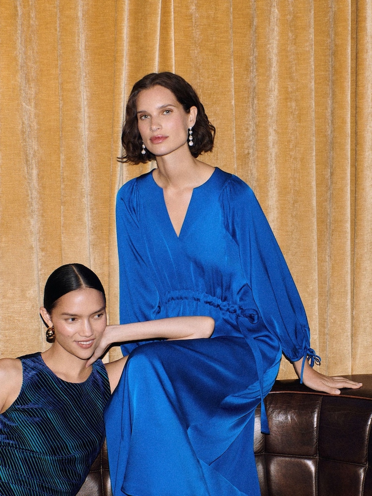 Whistles Blue Molly Satin Ruched Dress - Image 1 of 6