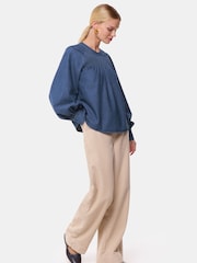 Whistles Blue Smocked Denim 100% Cotton Blouse - Image 1 of 5