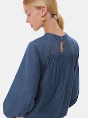 Whistles Blue Smocked Denim 100% Cotton Blouse - Image 2 of 5