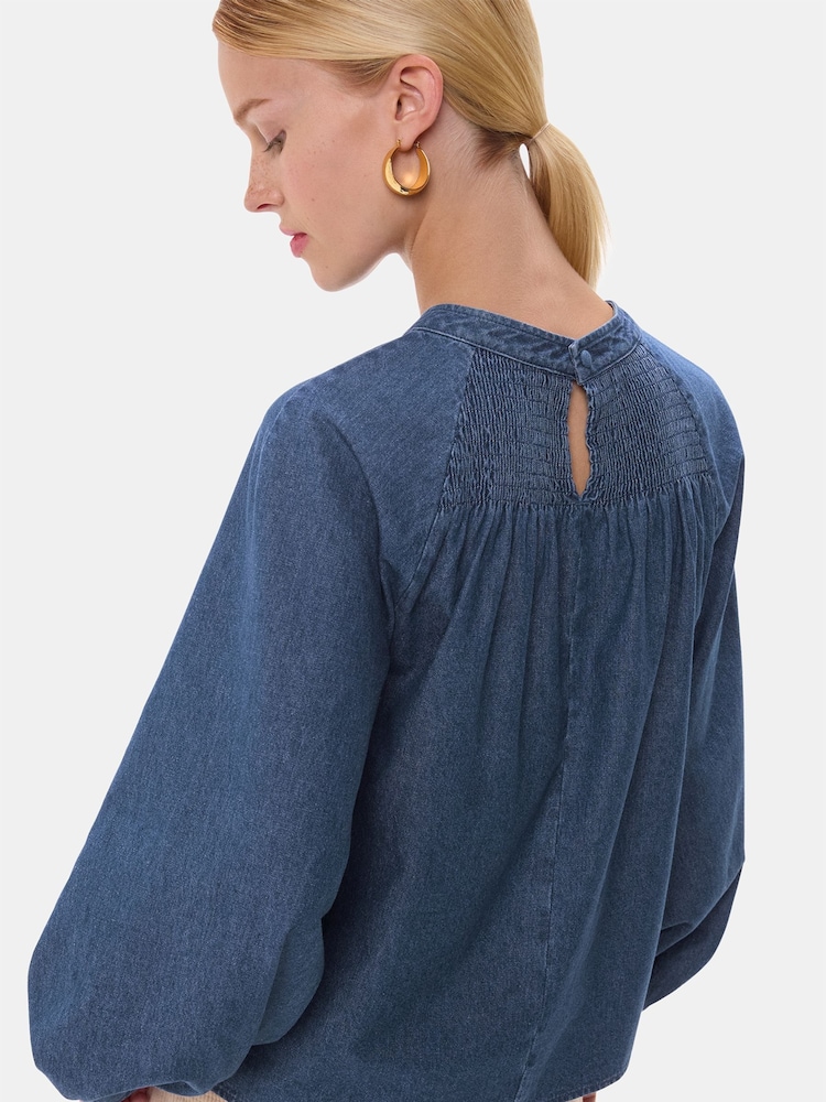 Whistles Blue Smocked Denim 100% Cotton Blouse - Image 2 of 5