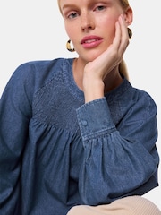 Whistles Blue Smocked Denim 100% Cotton Blouse - Image 3 of 5