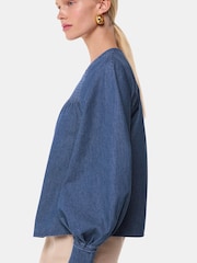 Whistles Blue Smocked Denim 100% Cotton Blouse - Image 4 of 5