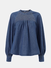 Whistles Blue Smocked Denim 100% Cotton Blouse - Image 5 of 5