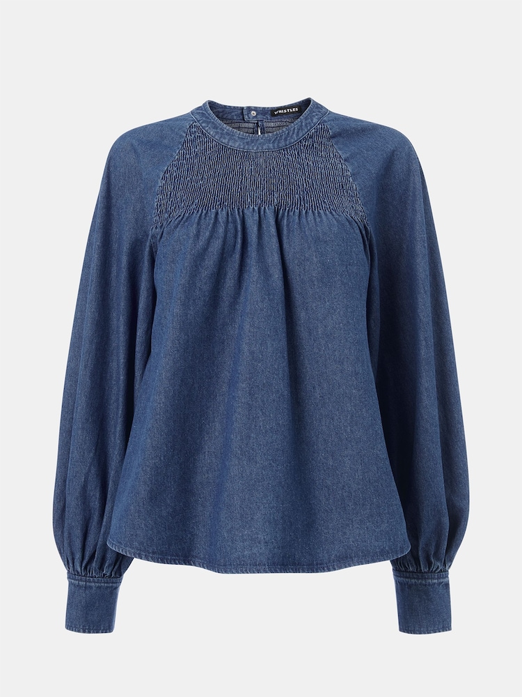 Whistles Blue Smocked Denim 100% Cotton Blouse - Image 5 of 5
