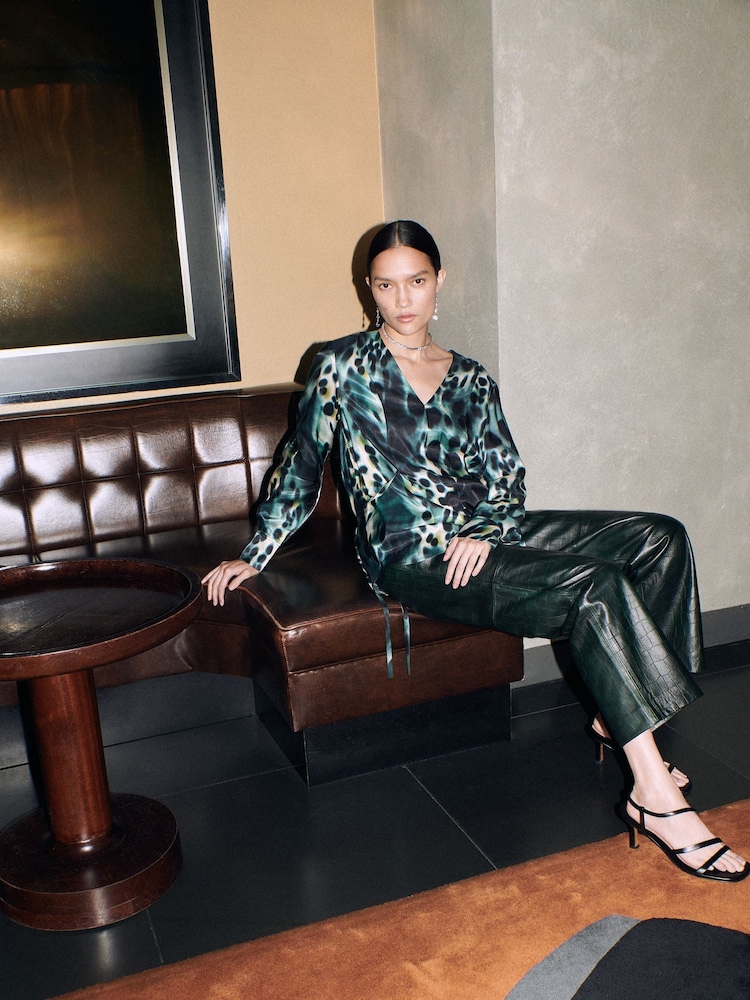 Whistles Green Misty Leopard Print V-Neck Blouse - Image 1 of 6