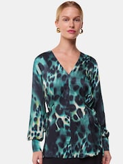 Whistles Green Misty Leopard Print V-Neck Blouse - Image 2 of 6