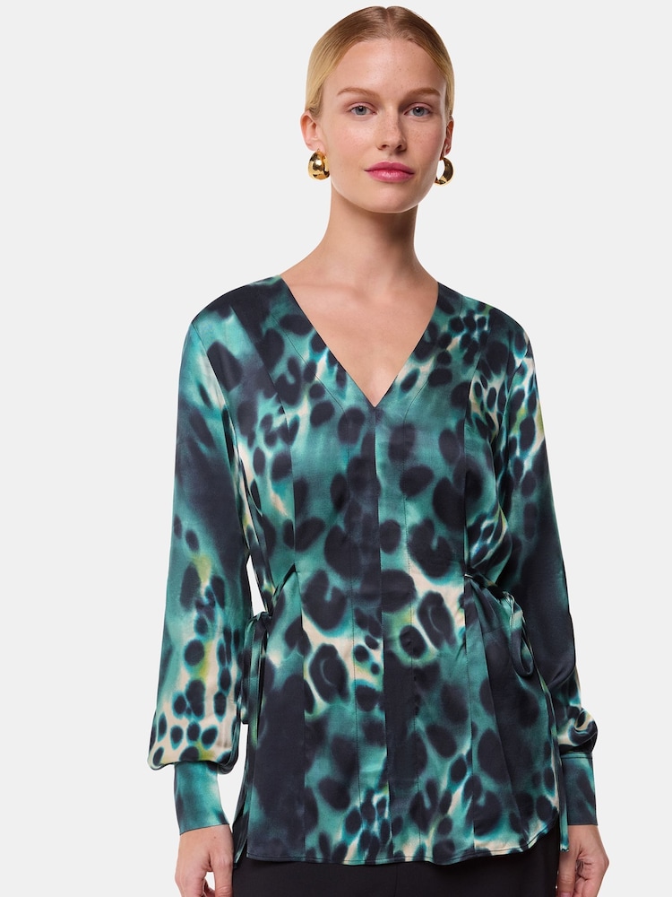 Whistles Green Misty Leopard Print V-Neck Blouse - Image 2 of 6