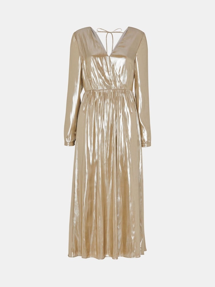 Whistles Gold Metallic Wrap Front Dress - Image 5 of 5