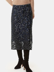 Whistles Black Floral Sequin Midi Skirt - Image 1 of 5