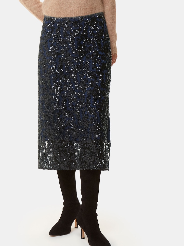 Whistles Black Floral Sequin Midi Skirt - Image 1 of 5