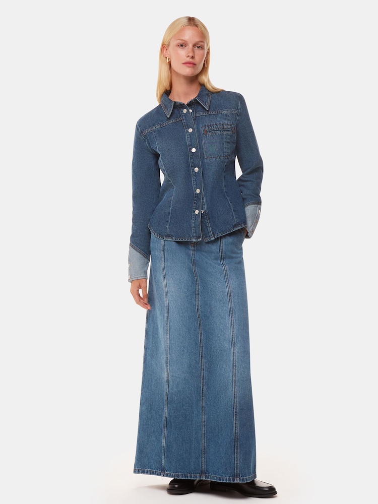 Whistles Blue Patchwork Denim 100% Cotton Midi Skirt - Image 1 of 5