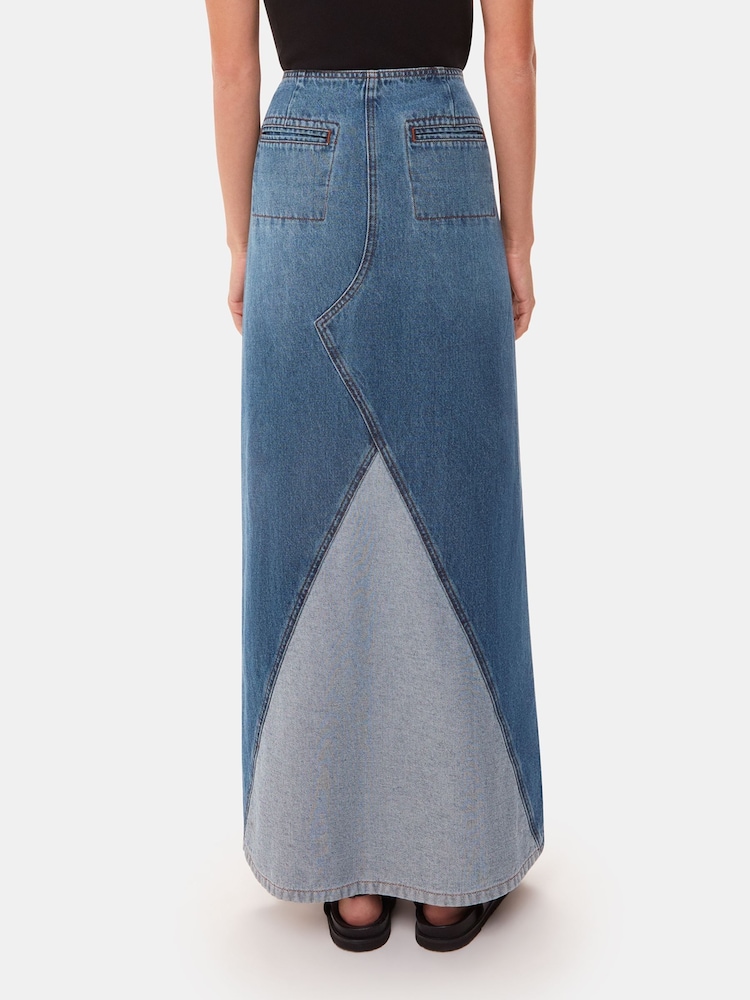 Whistles Blue Patchwork Denim 100% Cotton Midi Skirt - Image 2 of 5